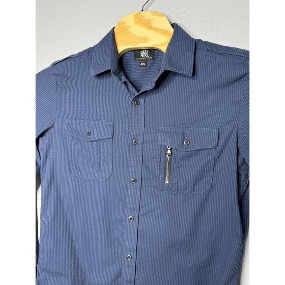 Rock & Republic Button Down Long Sleeve Shirt w/ Roll Tabs SZ Medium Dark Blue - Picture 7 of 11
